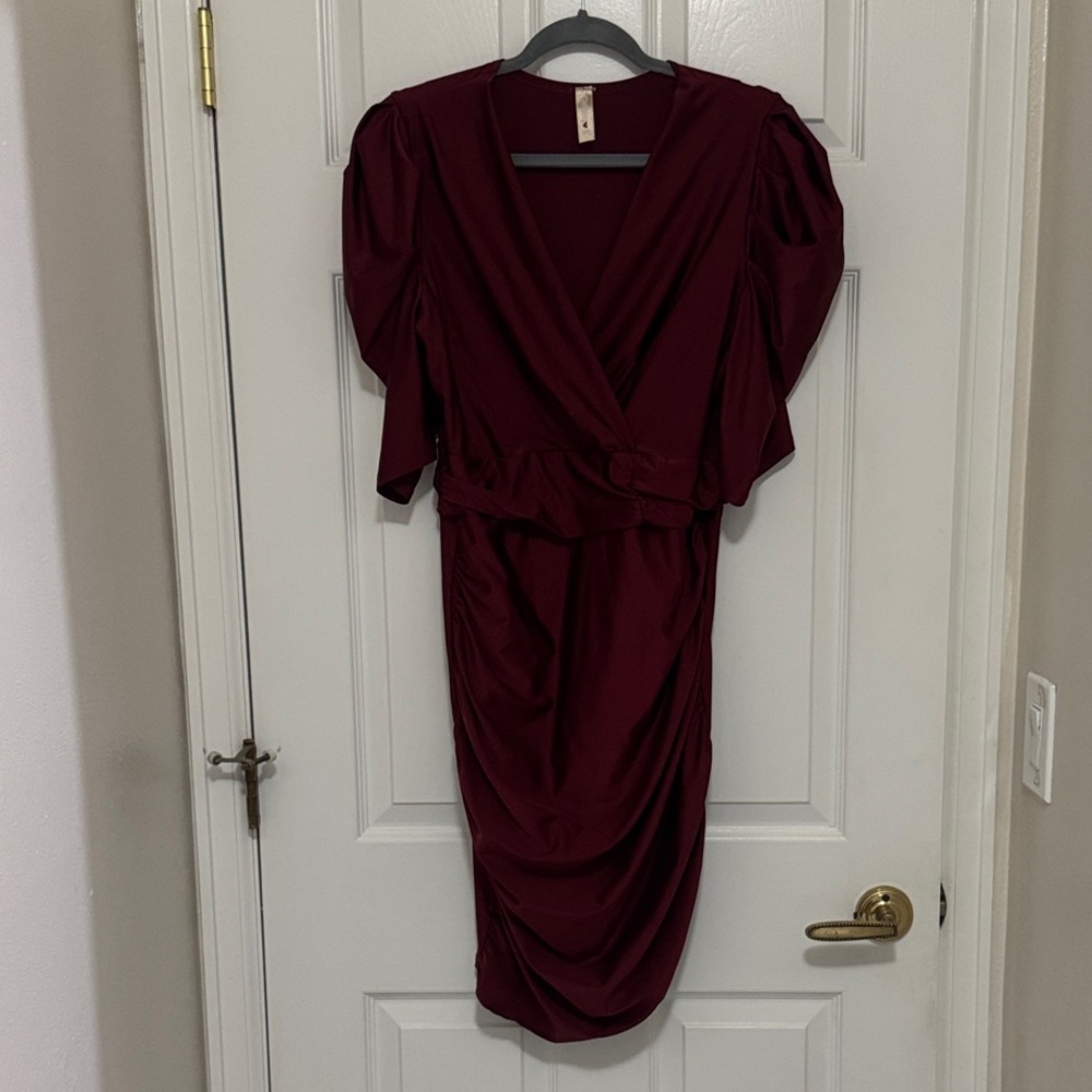 Chic Mid-Sleeve, Side Ruffles Burgundy Dress